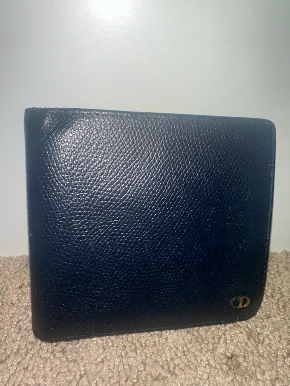 Christian Dior Paris Men's Black Pebbled Leather Bifold Wallet with Gold Accent